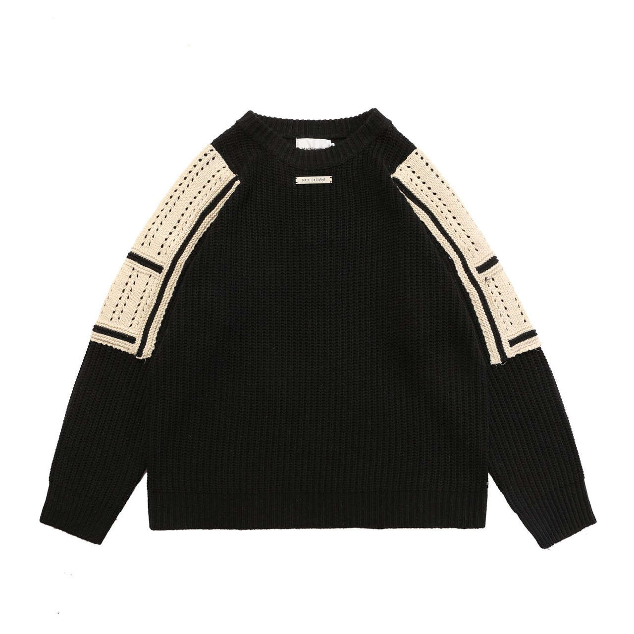 Patch-Knit Crewneck Sweater Men’s Unisex Khaki Black Patchwork Knitted Pullovers Men Women Streetwear Casual Loose Color Matching O-Neck Mesh Sweaters for Man In Black